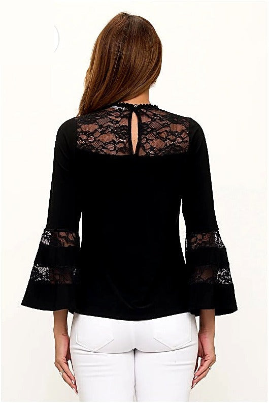 Sheer lace neckline bell sleeve top, back view