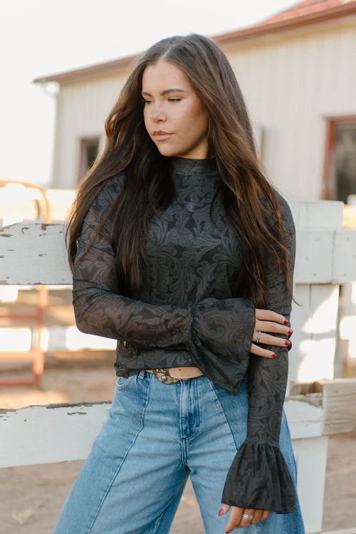 Black Tooled Leather Look Print Mesh L/S Top With Ruffle Sleeve