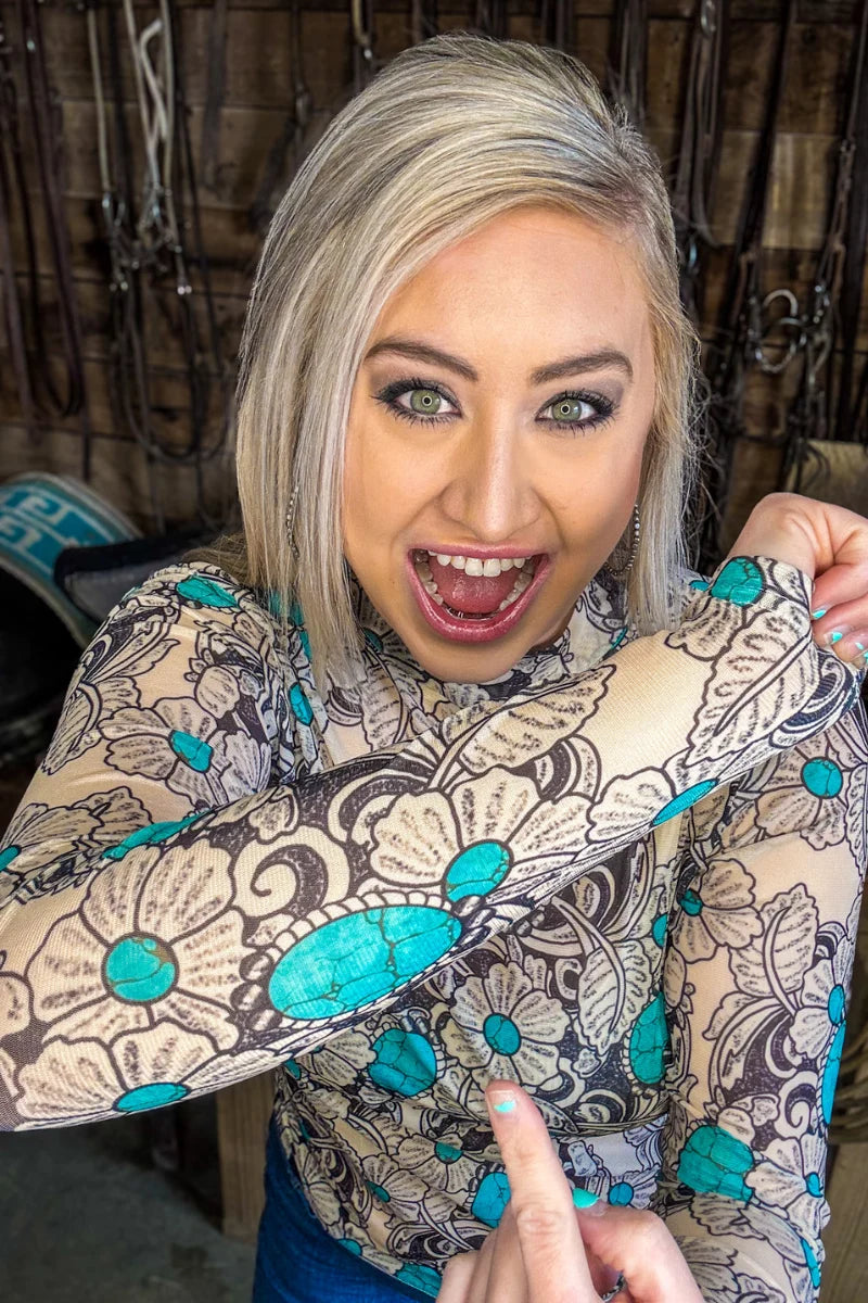 Turquoise & Ivory Print Mesh L/S Top