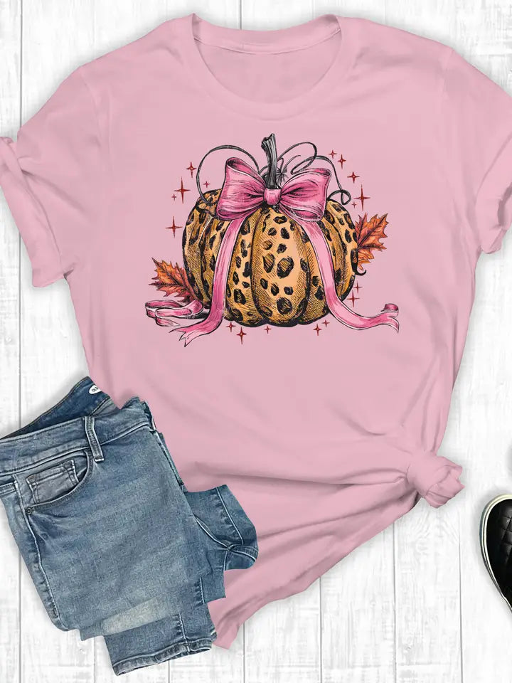 SALE - Pumpkin Bow Pumpkin Graphic Pink Short Sleeve T-Shirt
