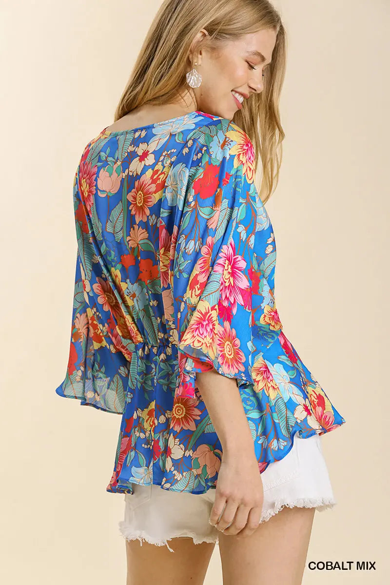 UMGEE FLORAL PRINT PLEATED ROUND NECK PEPLUM HEM KIMONO 3/4 SLEEVE TOP