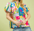 UMGEE MULTI COLOR V-NECK PUFF SLEEVE BOHO TOP