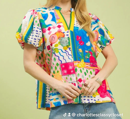 UMGEE MULTI COLOR V-NECK PUFF SLEEVE BOHO TOP
