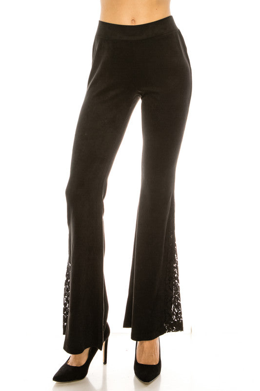 Faux Suede Flare Pants with Lace Detail at Bottom - photo 1